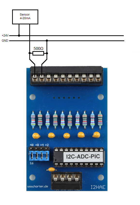 So kann ein 2-Draht Fühler 4-20mA an die Eingangskarte angeschlossen werden