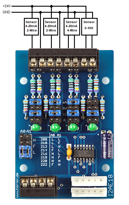 4-20mA Sensoren an einer I2C-Analogkarte 12-18 Bit